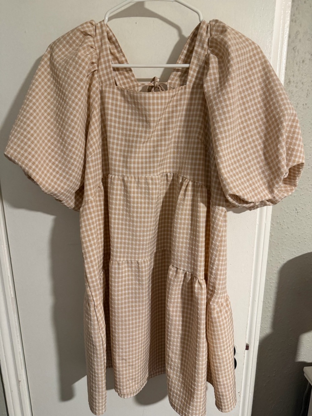 Beige Gingham Puff-Sleeve Dress